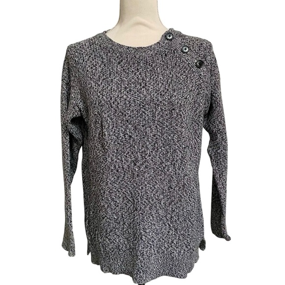 LOFT Black White Salt Pepper Knit Cotton Sweater Button Shoulder Size Small - Picture 1 of 13